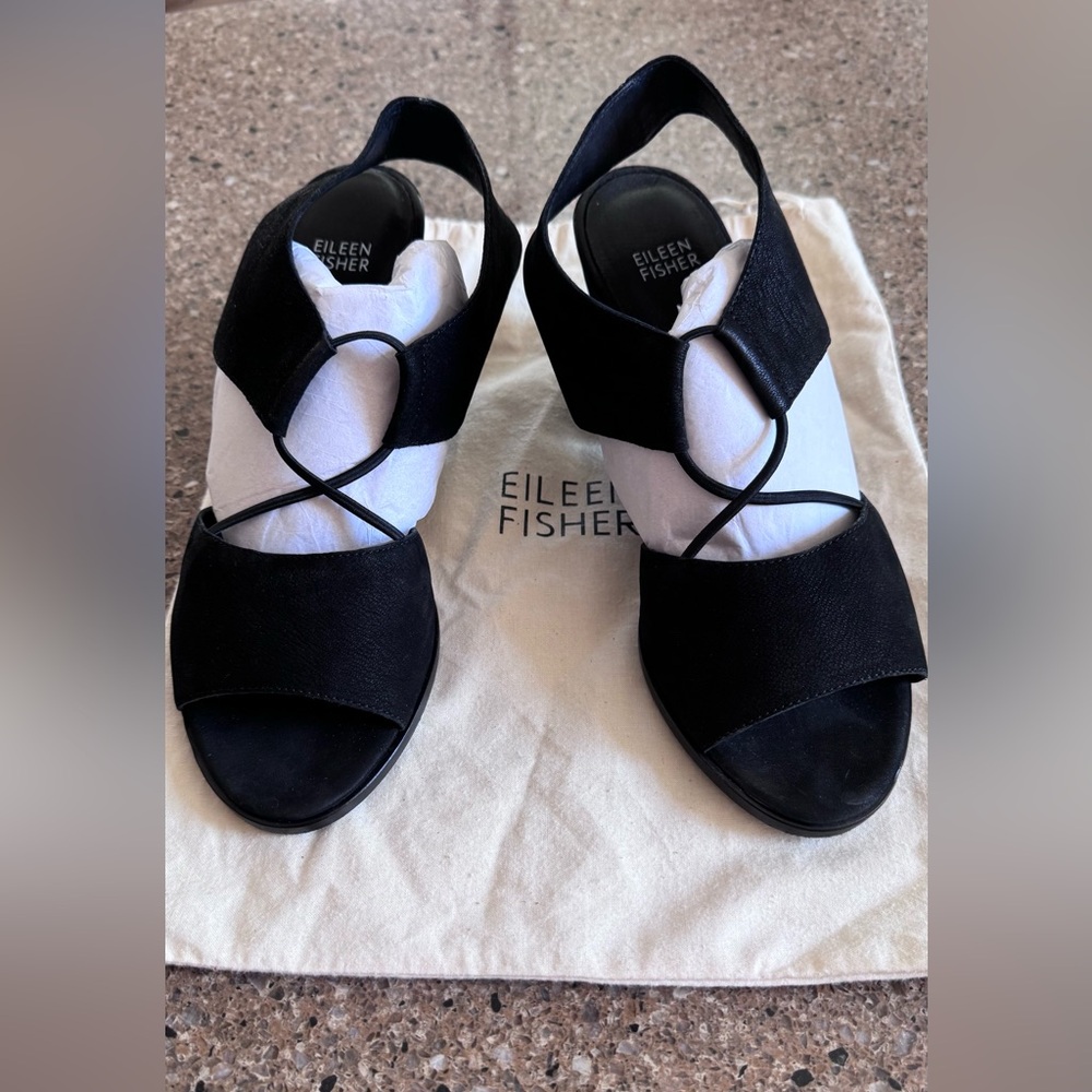 Eileen Fisher Womens DOE Tumbled Nubuck Heeled Sandals Black size 10 - Picture 3 of 11